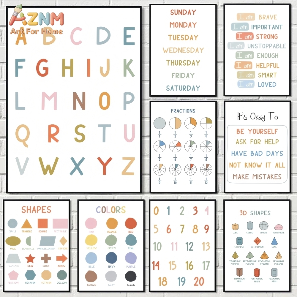 Kids Education Nursery - AZNM Eğitici Alfabe Sayıları Çerçevesiz Kanvas