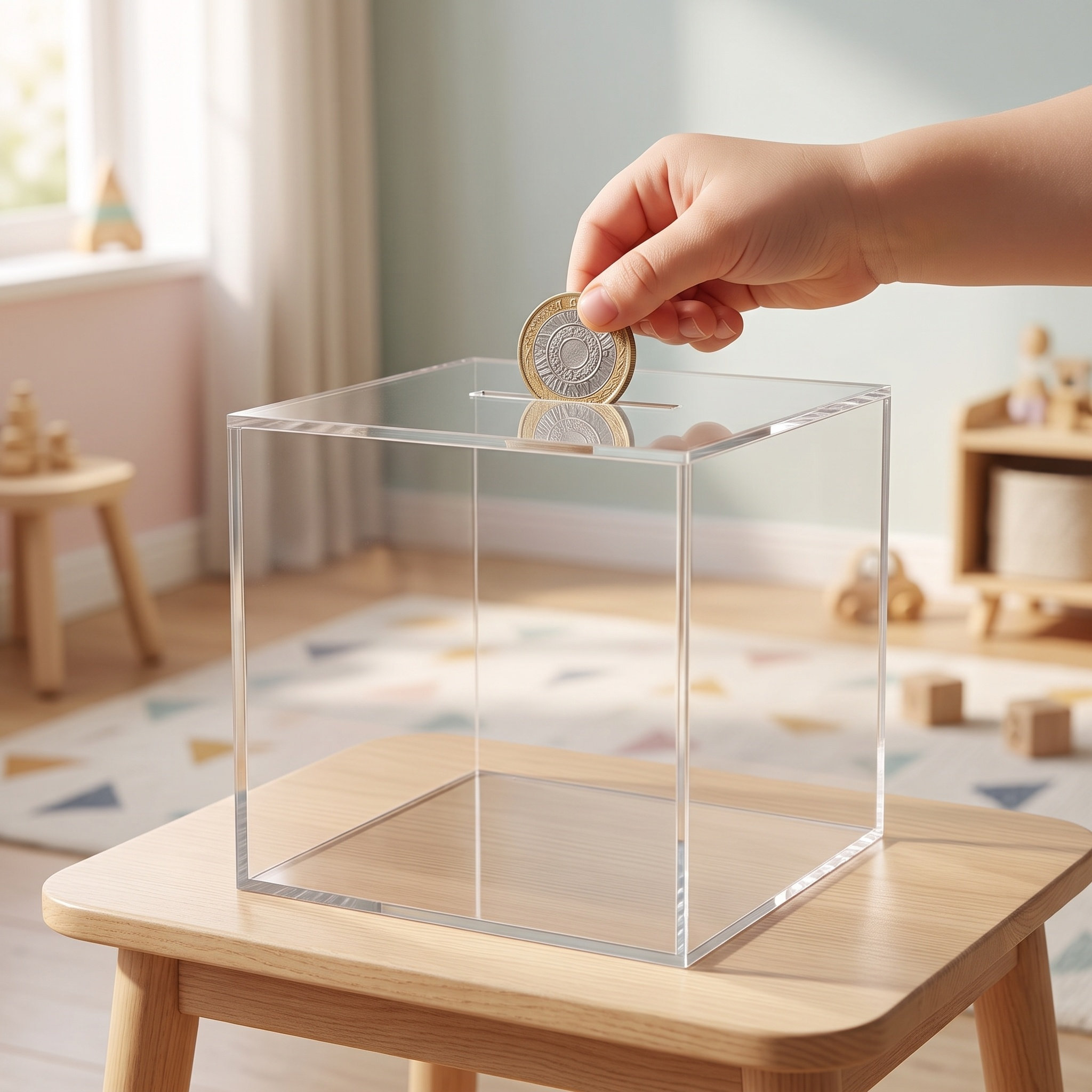 Kids Education Savings - Şeffaf Akrilik Küp Tasarruf Kutusu, Yeni